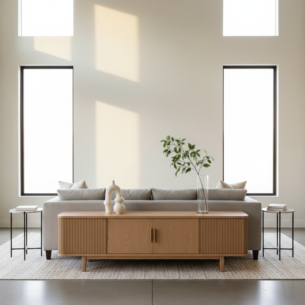 A stylish Austin open-plan living space showcasing balanced furniture selection, featuring a streamlined maple media console with fluted doors, a low linen sofa in soft greige, and a pair of slender black metal side tables with stone tops. A large, textured area rug in layered neutrals anchors the seating, while a trio of minimalist pottery pieces and a single leafy branch in a tall glass vase add height on the console. Warm, indirect daylight pours in from expansive windows, producing gentle gradients of light on the walls. Photographic realism with a wide, eye-level perspective, sharp focus throughout, and a sophisticated, uncluttered mood that emphasizes clean, livable design perfect for Austin homes.