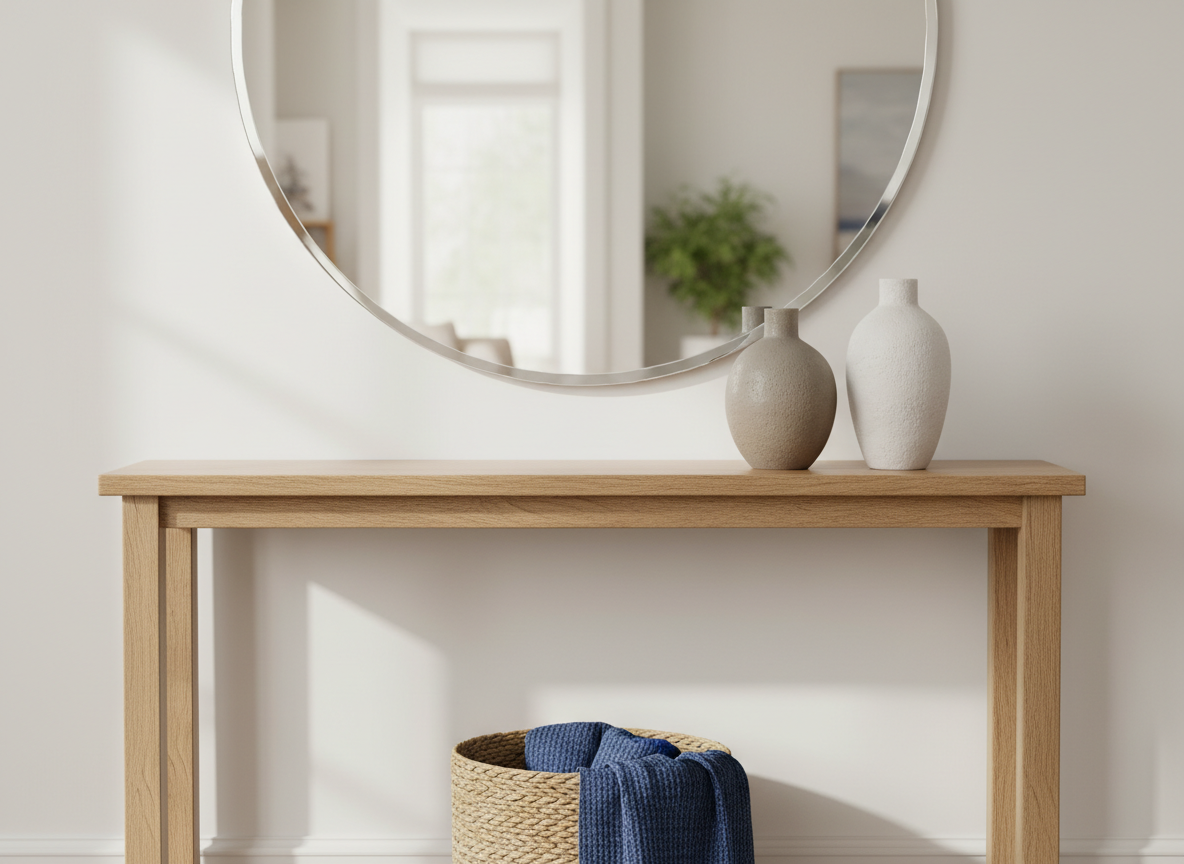 A carefully curated console vignette in a Maple & Main–style entryway, featuring a narrow, natural oak console table with subtle grain, a large, frameless round mirror, and a pair of sculptural stoneware vases in warm gray and chalk white. A neatly folded indigo throw rests in a woven seagrass basket beneath. Soft, diffused daylight from an unseen side window creates delicate reflections in the mirror and highlights the textures of wood and ceramic. Photographic realism at an eye-level, centered composition, with a slightly blurred background hinting at the rest of the home. The mood is calm, polished, and inviting, perfect for showcasing refined décor consulting and styling.