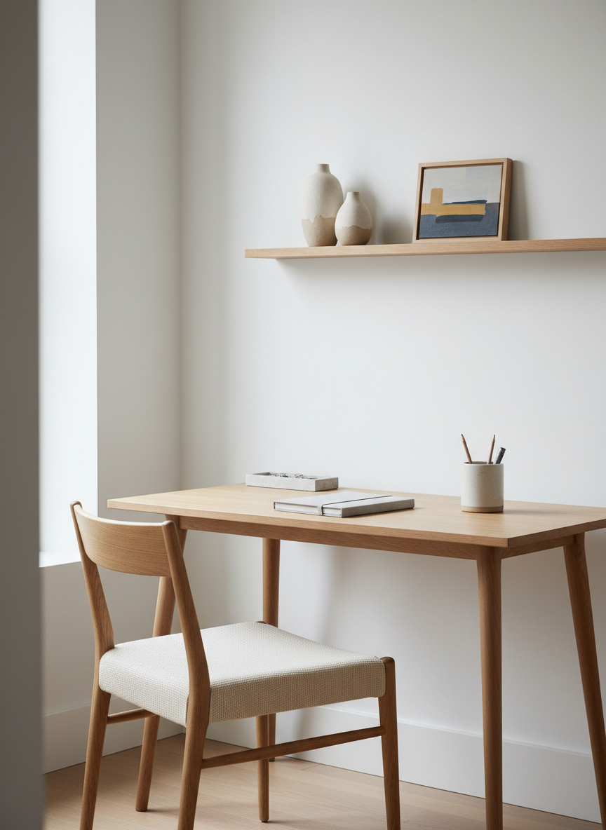 A refined home office corner styled in the Maple & Main aesthetic, featuring a slim, light-oak writing desk with tapered legs, a comfortable woven-seat side chair in warm maple, and a minimal floating shelf above displaying two neutral ceramics and a small framed abstract in muted ochre and slate. On the desk, a closed linen-covered notebook, a ceramic cup holding pencils, and a modest stone tray keep the surface uncluttered. Soft, indirect natural light from a nearby window creates a calm, even illumination with gentle shadows. Photographic realism, eye-level composition with rule-of-thirds framing and a shallow depth of field. The atmosphere is quiet, focused, and sophisticated, showcasing how décor consultations can create functional yet beautiful workspaces.