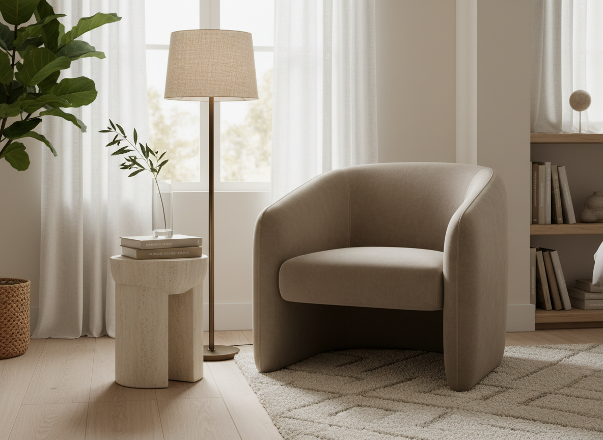 A serene bedroom corner designed as a reading retreat, showcasing a plush, curved accent chair in soft taupe boucle set beside a slender, matte-bronze floor lamp with a linen shade. A compact pedestal side table in pale travertine holds a small stack of neutral-toned books and a single stem of greenery in a clear glass cylinder. The chair sits on a pale oak floor partially covered by a textured ivory rug. Late-afternoon natural light filters through sheer white curtains, creating gentle, dappled shadows on the wall. Photographic realism, composed with asymmetrical balance and a shallow depth of field, evoking a sophisticated, restful mood ideal for highlighting livable, comfortable interior styling.