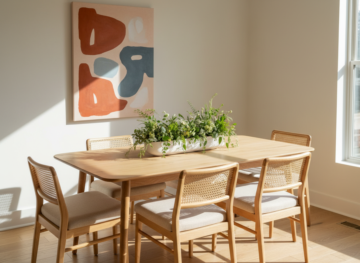 An airy Austin dining nook styled by a décor consultant, centered on a rectangular light-maple dining table with rounded corners and slender legs, surrounded by four modern chairs with natural cane backs and upholstered oatmeal seats. A low, linear centerpiece of fresh greenery in a long, matte-white trough planter runs the table’s length. Behind, a smooth white wall features a single oversized abstract artwork in muted terracotta, slate, and cream. Morning sunlight streams through a nearby window, creating soft, elongated shadows across the tabletop. Shot with photographic realism from a slightly elevated angle using the rule of thirds, the atmosphere feels sophisticated yet relaxed, illustrating balanced furniture selection and cohesive room styling.