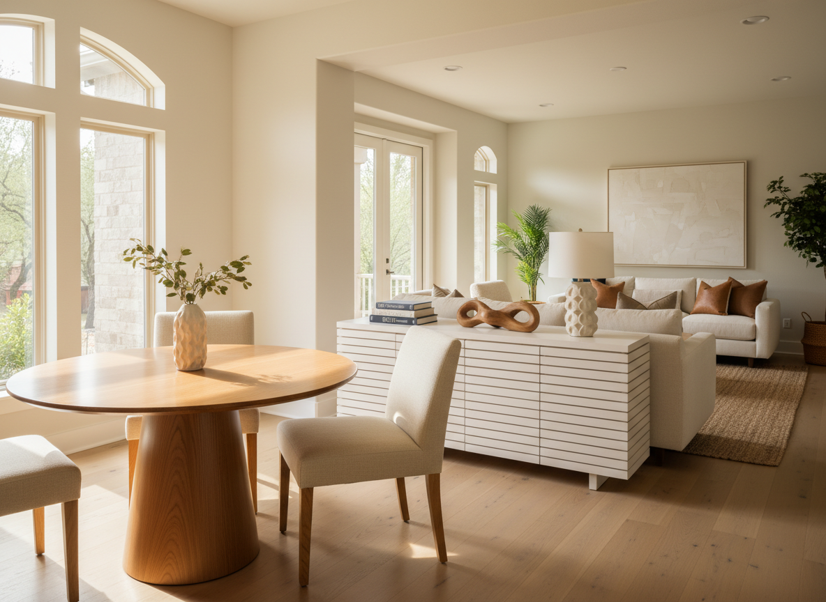 A sunlit Austin dining-living transition space styled for comfort and flow, featuring a round, pedestal dining table in warm maple with two upholstered sand-colored chairs, subtly separated from the living area by a long, low console clad in white oak slats. On the console, a curated grouping of stacked books, a textured ceramic lamp without visible cord, and a sculptural wooden object create a balanced arrangement. Natural light streams in from tall windows, creating a golden-hour glow and soft reflections on the table’s surface. Photographic realism from a slightly wide, eye-level angle, with clear depth between the dining and living zones. The mood is sophisticated, open, and welcoming, illustrating how thoughtful décor connects spaces.
