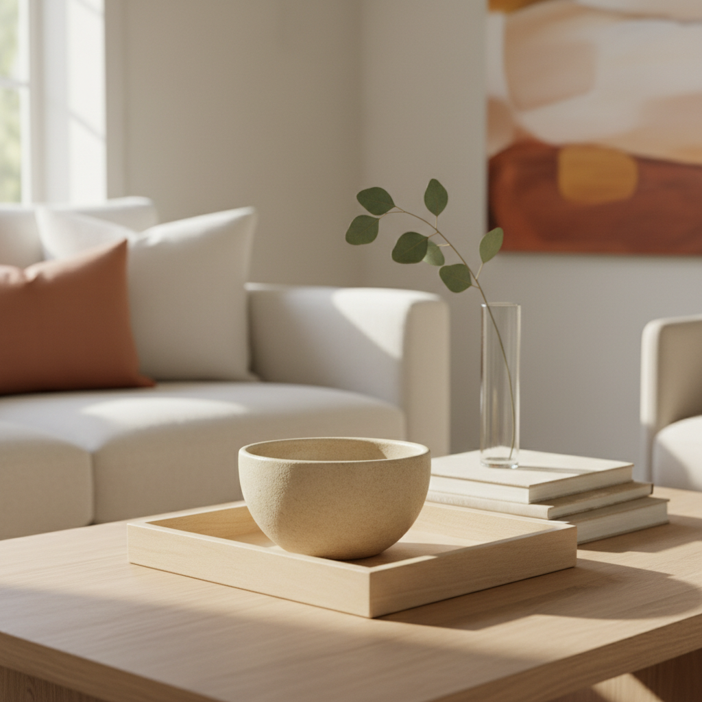 A detail-focused, photographic close-up of a styled coffee table in a Maple & Main–inspired living room. The centerpiece is a square pale-oak tray holding a weighty stoneware bowl with a sandy matte finish, a small stack of linen-bound books in warm neutrals, and a slender glass vase with a single eucalyptus stem. The coffee table’s surface is a smooth, light-stained wood with visible grain. In the softly blurred background, the edge of a cream sofa and a hint of an abstract art piece in muted rust and beige appear. Gentle morning light from a nearby window glides across the scene, creating subtle highlights and soft shadows. The composition is intimate and refined, emphasizing thoughtful, sophisticated décor details.