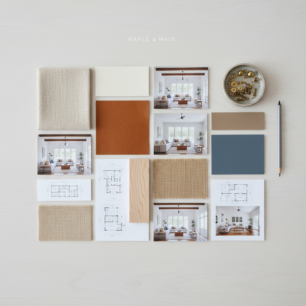 A top-down, photographic view of a meticulously arranged home décor mood board laid out on a clean white oak tabletop, illustrating a Maple & Main style consultation. Swatches of nubby oatmeal upholstery, caramel leather, and woven jute sit beside paint chips in warm white, soft clay, and slate blue. Printed photos of airy Austin interiors, line drawings of furniture layouts, and a slim maple wood sample create an organized grid. A simple graphite pencil and a small ceramic tray of brass hardware rest at the edge. Soft, even daylight from above eliminates harsh shadows, keeping everything crisp and readable. The composition is clean and minimalist, conveying a refined, thoughtful design process without showing any people.